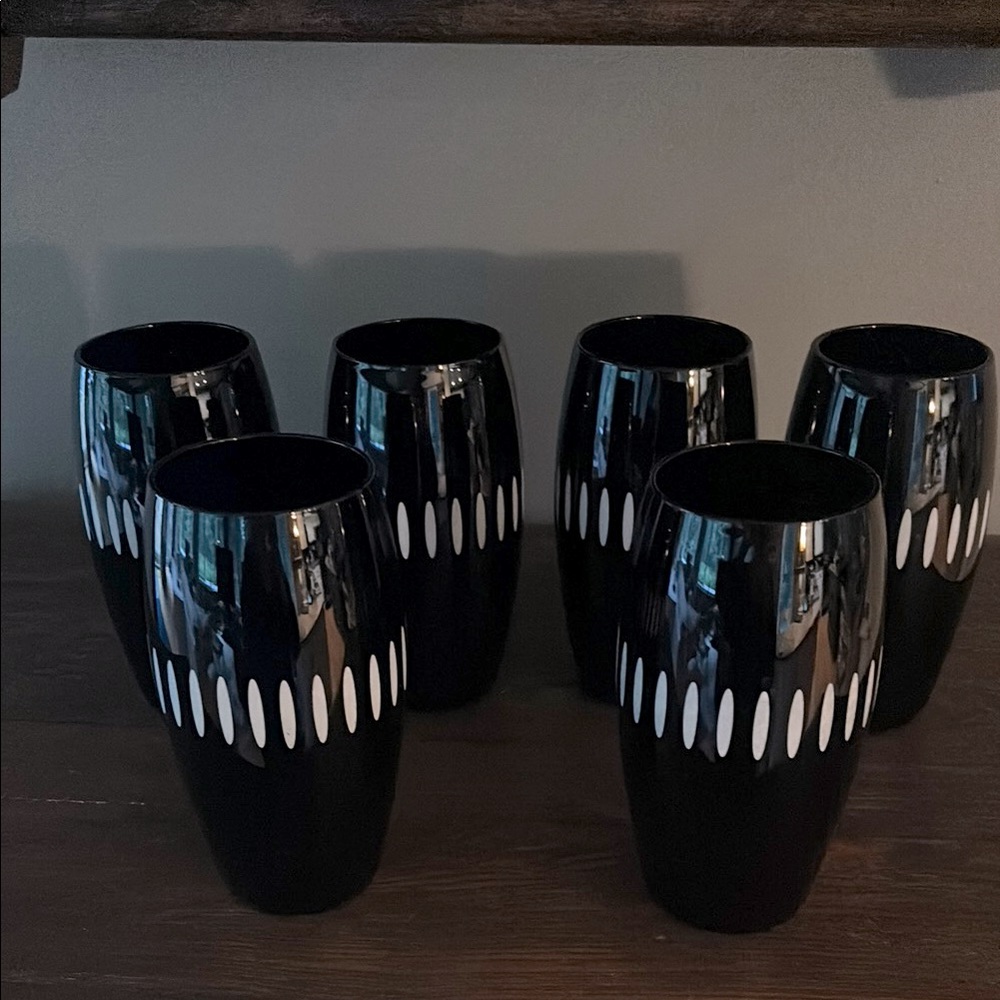 (6) Mouth Blown PIER ONE 1 Black White glass VERRE NOIR Tumbler SET
